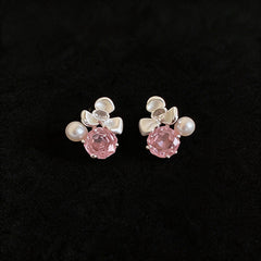 Women Flower Cubic Zirconia Pearl Stud Earrings,Fresh Sweet Light Luxury Delicate Dangle Earrings,Niche Design Fashion Daily Occasion Jewelry