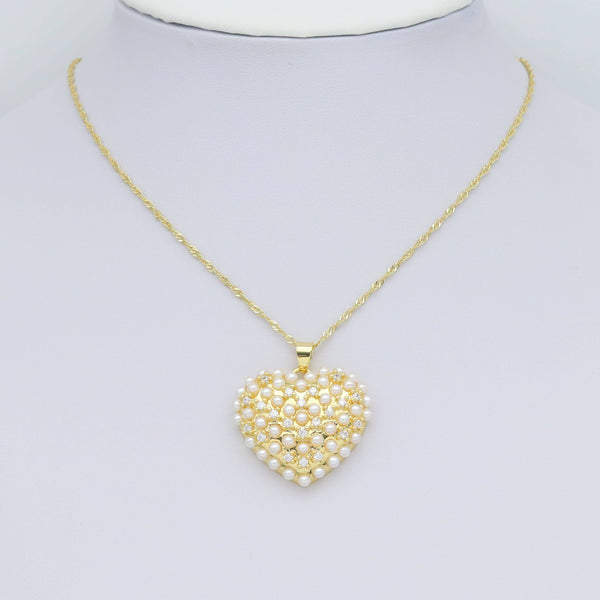 CZ Pave Gold Silver Pearl Heart Charm Pendant, Sku#LX594