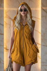 Hooded Zip-Up Linen Romper | Ruffle Pocket & Hem | Sleeveless Boho Jumpsuit