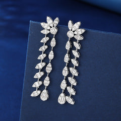 Floral design, fully encrusted with diamonds, double chain leaf earrings.