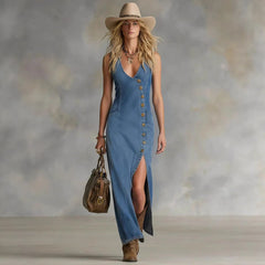 Button-Front Sleeveless Denim-Style Dress – Vintage, S–XXL