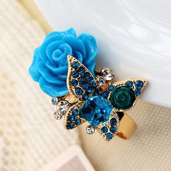 Cross-border Jewelry European And American Retro Butterfly Ring Women's Opening Full Diamond Crystal Rose Flower Ring Bohemian Style