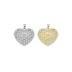CZ Pave Gold Silver Pearl Heart Charm Pendant, Sku#LX594