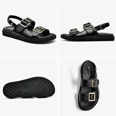 BeauToday Casual Sandals Women Genuine Leather Metal Ankle Buckle Strap Summer Beach Ladies Low Heel Sport Shoes Handmade 38128