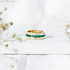 Certified Lab Grown Emerald 3 Row Eternity Wedding Band
