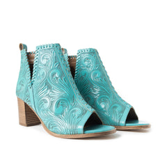 Myra Persimmonee Embossed Leather Heels for Women – Open Toe, Mid Block Heel, Western Cowgirl Fashion for Rodeo Evenings