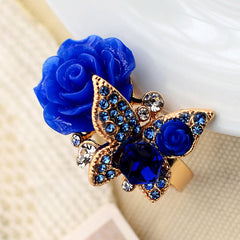 Cross-border Jewelry European And American Retro Butterfly Ring Women's Opening Full Diamond Crystal Rose Flower Ring Bohemian Style