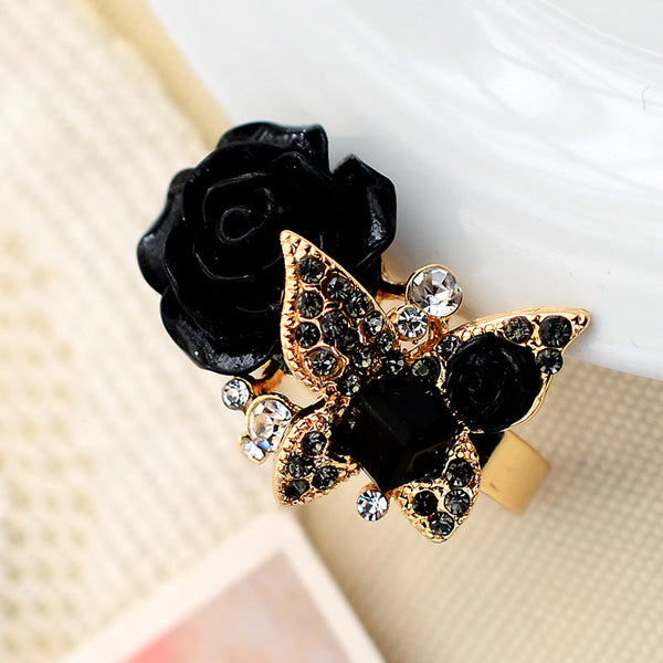 Cross-border Jewelry European And American Retro Butterfly Ring Women's Opening Full Diamond Crystal Rose Flower Ring Bohemian Style