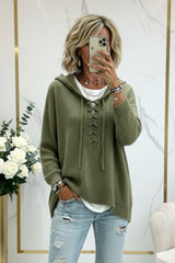 Lace-Up V-Neck Hooded Knit Sweater | Drop Shoulder Oversized Pullover