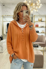 Lace-Up V-Neck Hooded Knit Sweater | Drop Shoulder Oversized Pullover