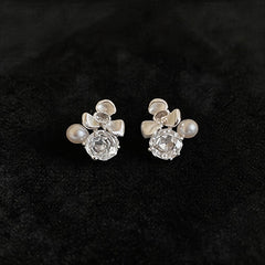 Women Flower Cubic Zirconia Pearl Stud Earrings,Fresh Sweet Light Luxury Delicate Dangle Earrings,Niche Design Fashion Daily Occasion Jewelry
