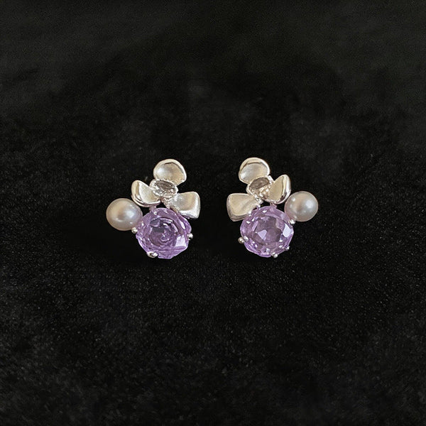 Women Flower Cubic Zirconia Pearl Stud Earrings,Fresh Sweet Light Luxury Delicate Dangle Earrings,Niche Design Fashion Daily Occasion Jewelry