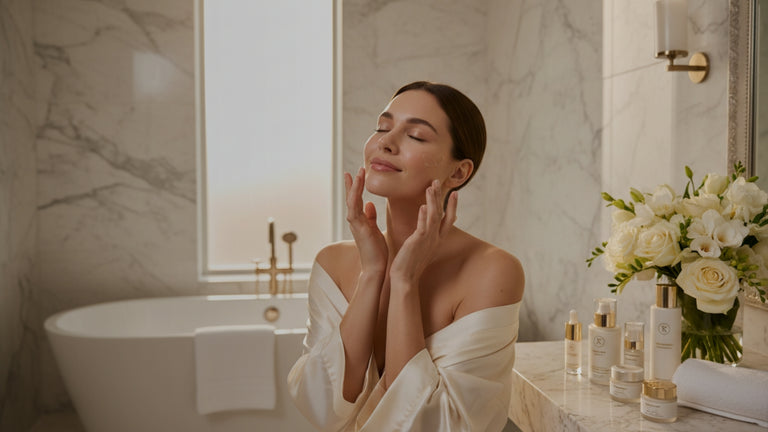Woman in a bathroom applying skincare product, with a marble wall and floral arrangement in the background.